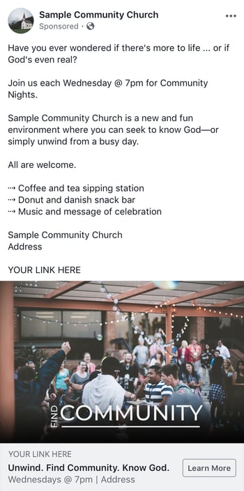 sample church community facebook ad campaign